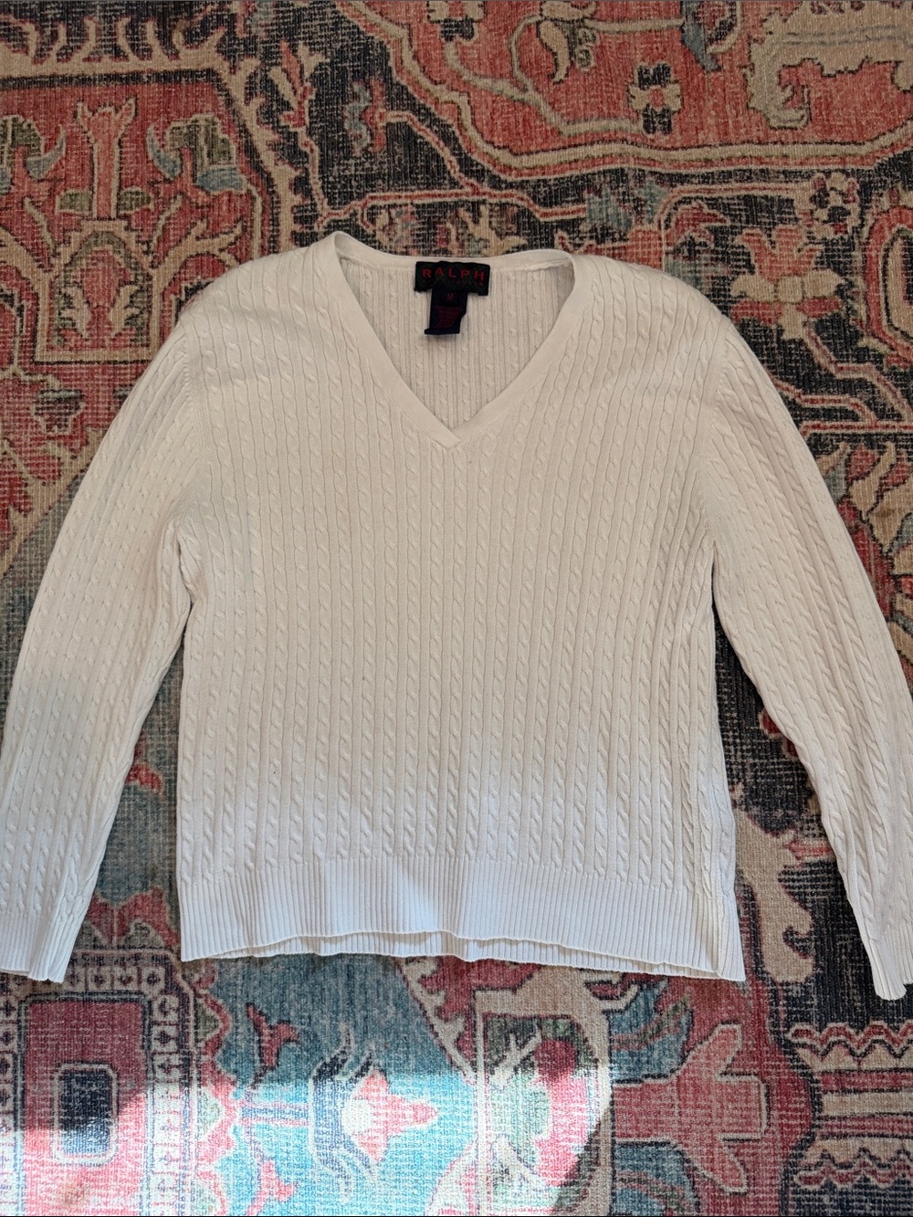 Vintage 90s Ralph Lauren White Cable-Knit V-Neck Sweater
